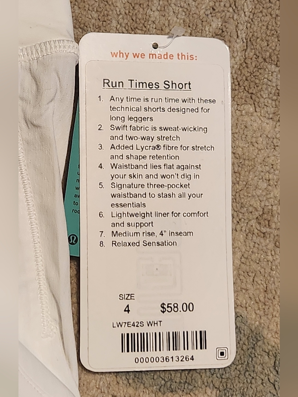 Lululemon Run Times Shorts. White. Size 4. NEW - Picture 6 of 7